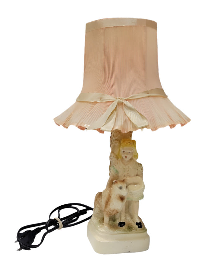 Vintage Girl & Dog Figurine Lamp with Ruffled Shade