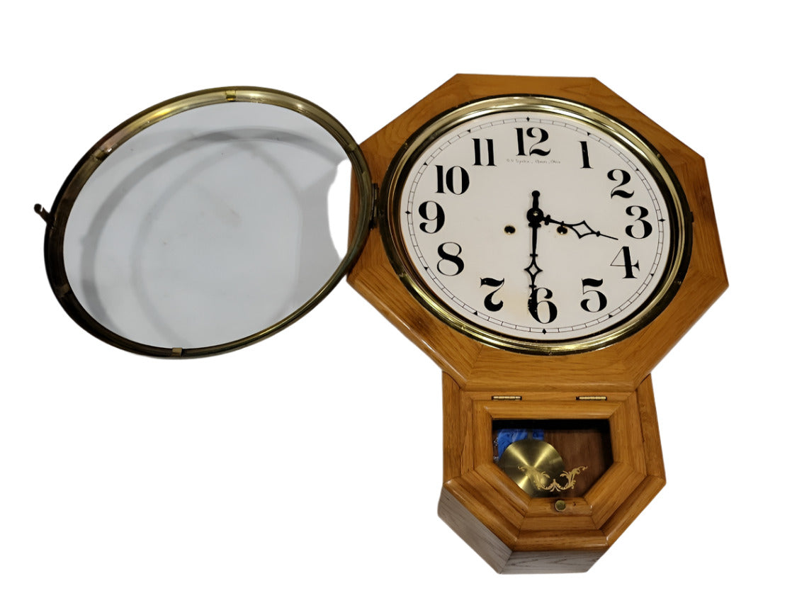 Oak Regulator-Style Wall Clock with Brass Pendulum – Repair Needed