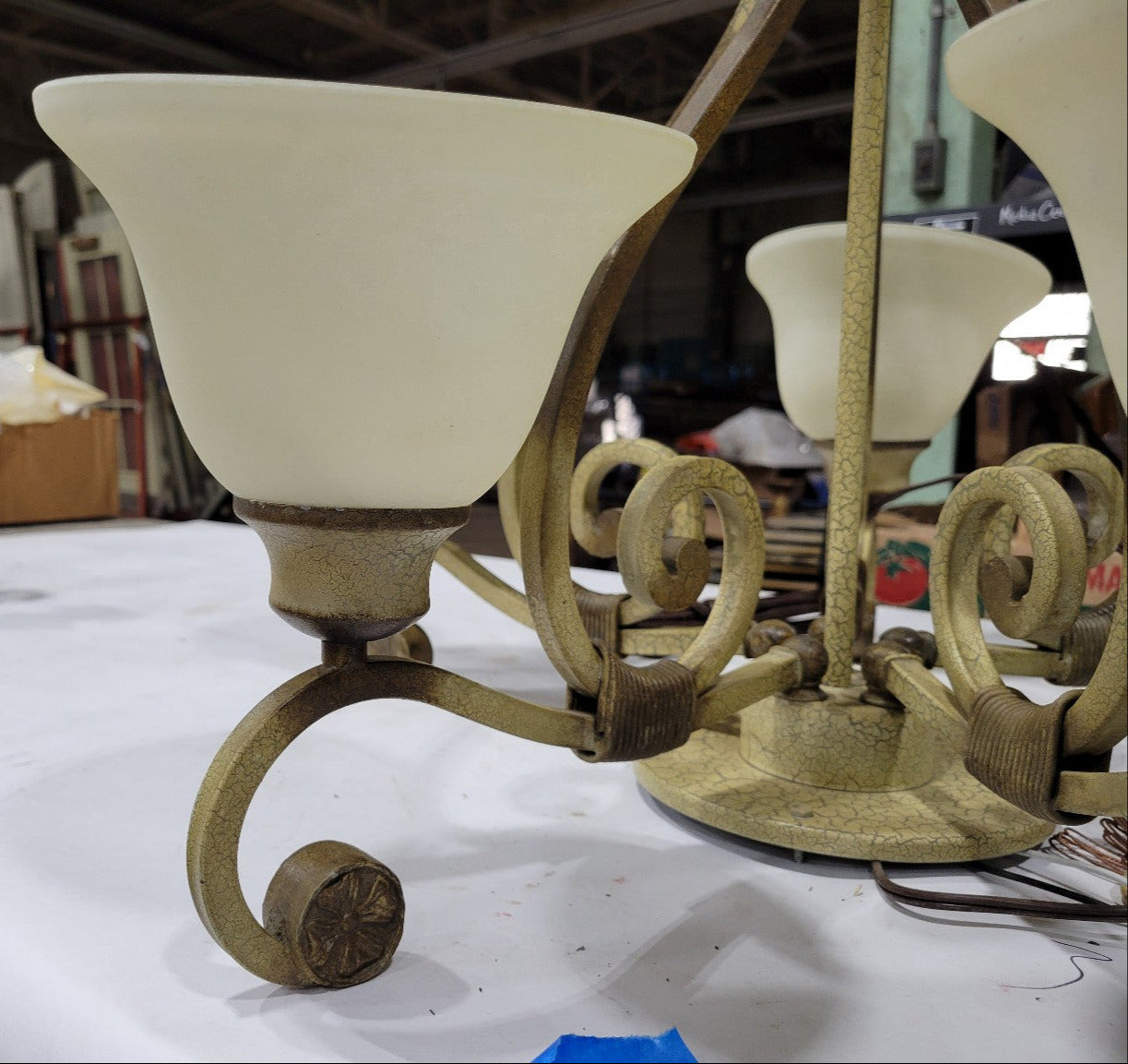 Vintage Cream Wrought Iron Scroll Chandelier – 5-Light Fixture