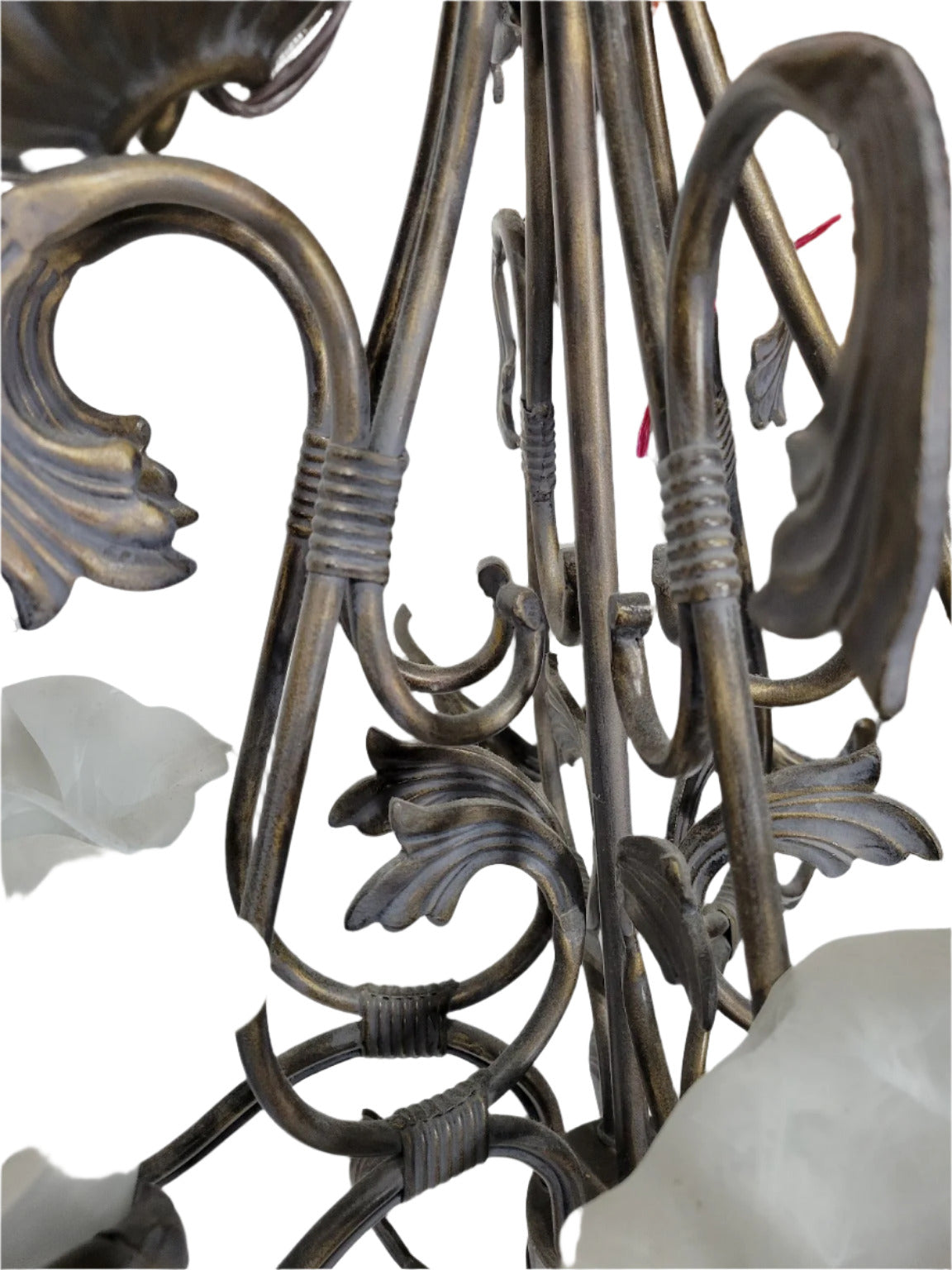 Ornate Five-Light Scroll Chandelier with Frosted Tulip Shades – 28" H x 26" W