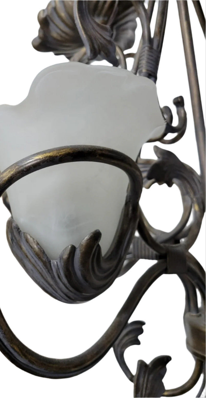 Ornate Five-Light Scroll Chandelier with Frosted Tulip Shades – 28" H x 26" W