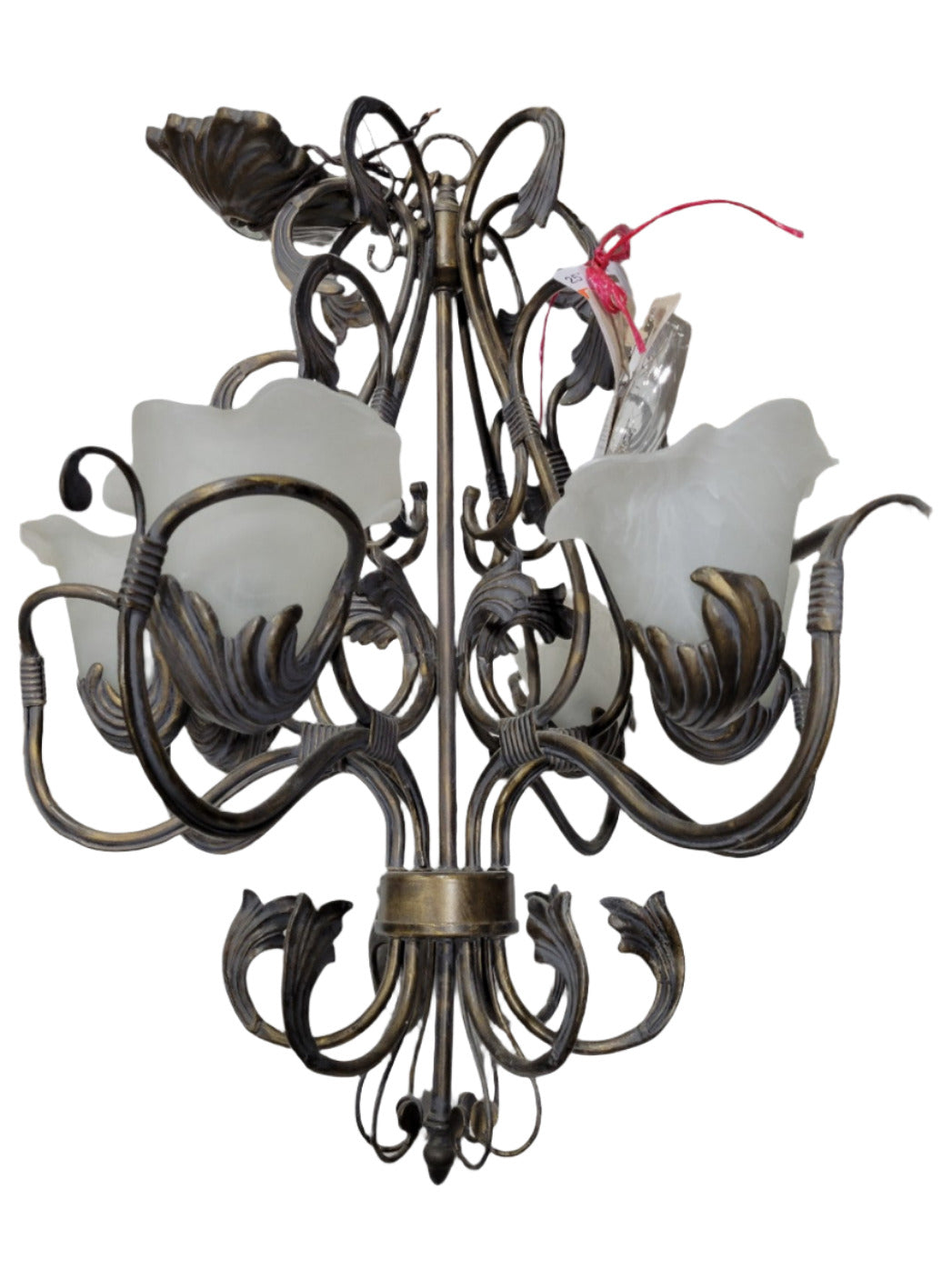 Ornate Five-Light Scroll Chandelier with Frosted Tulip Shades – 28" H x 26" W