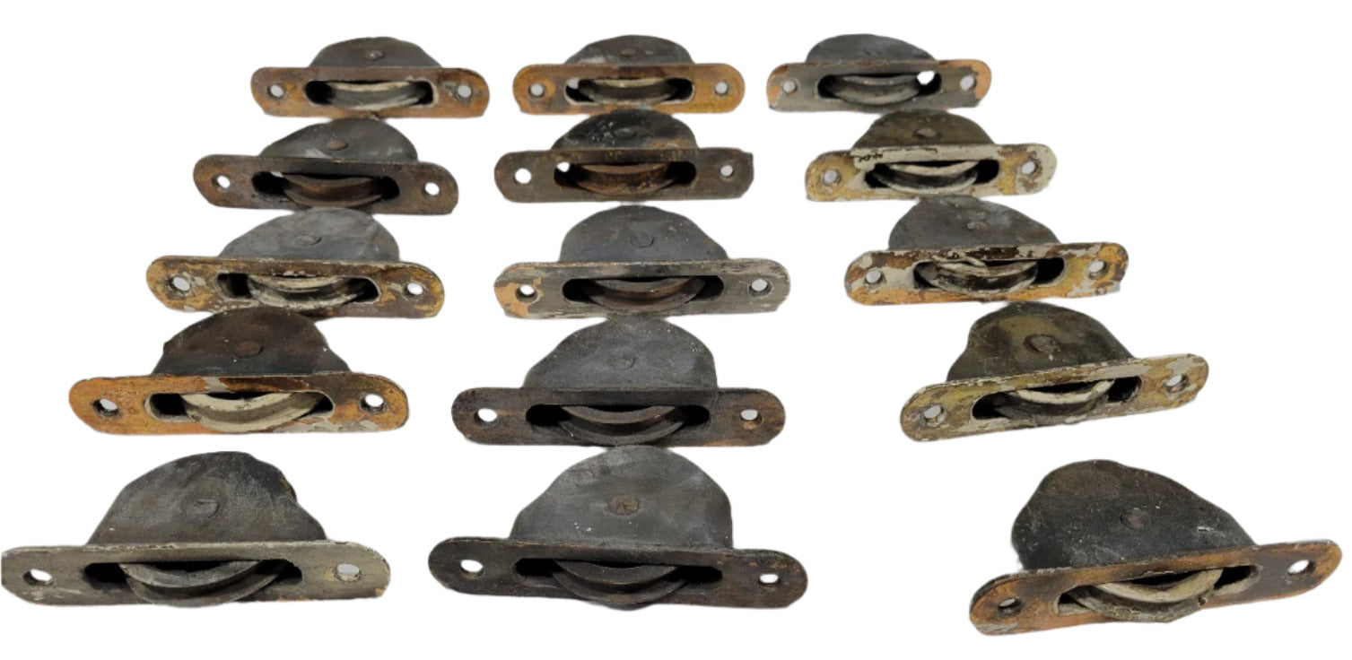 Lot of 15 Antique Cast Iron Sash Pulleys – 5" T x 1 1/8" W x 2" Pulley