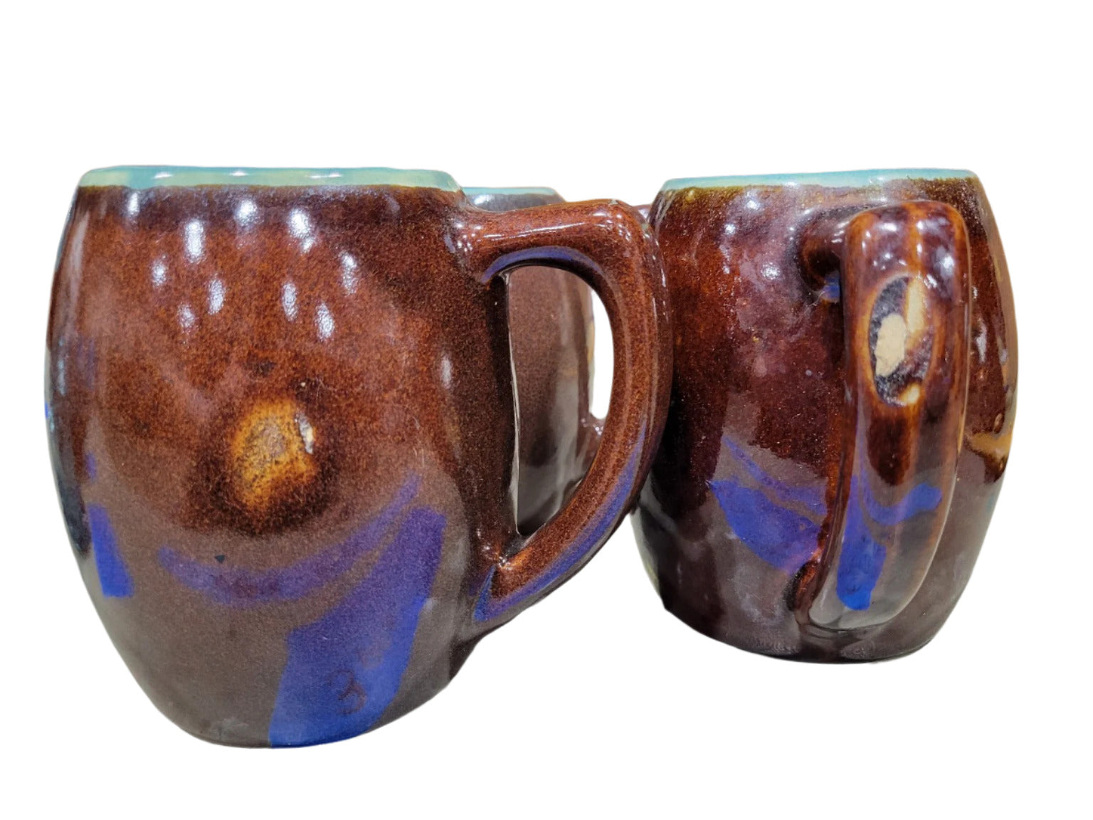 Set of 3 Handcrafted Ceramic Mugs – Brown Glaze with Teal Interior