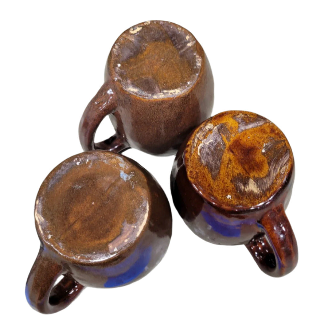 Set of 3 Handcrafted Ceramic Mugs – Brown Glaze with Teal Interior