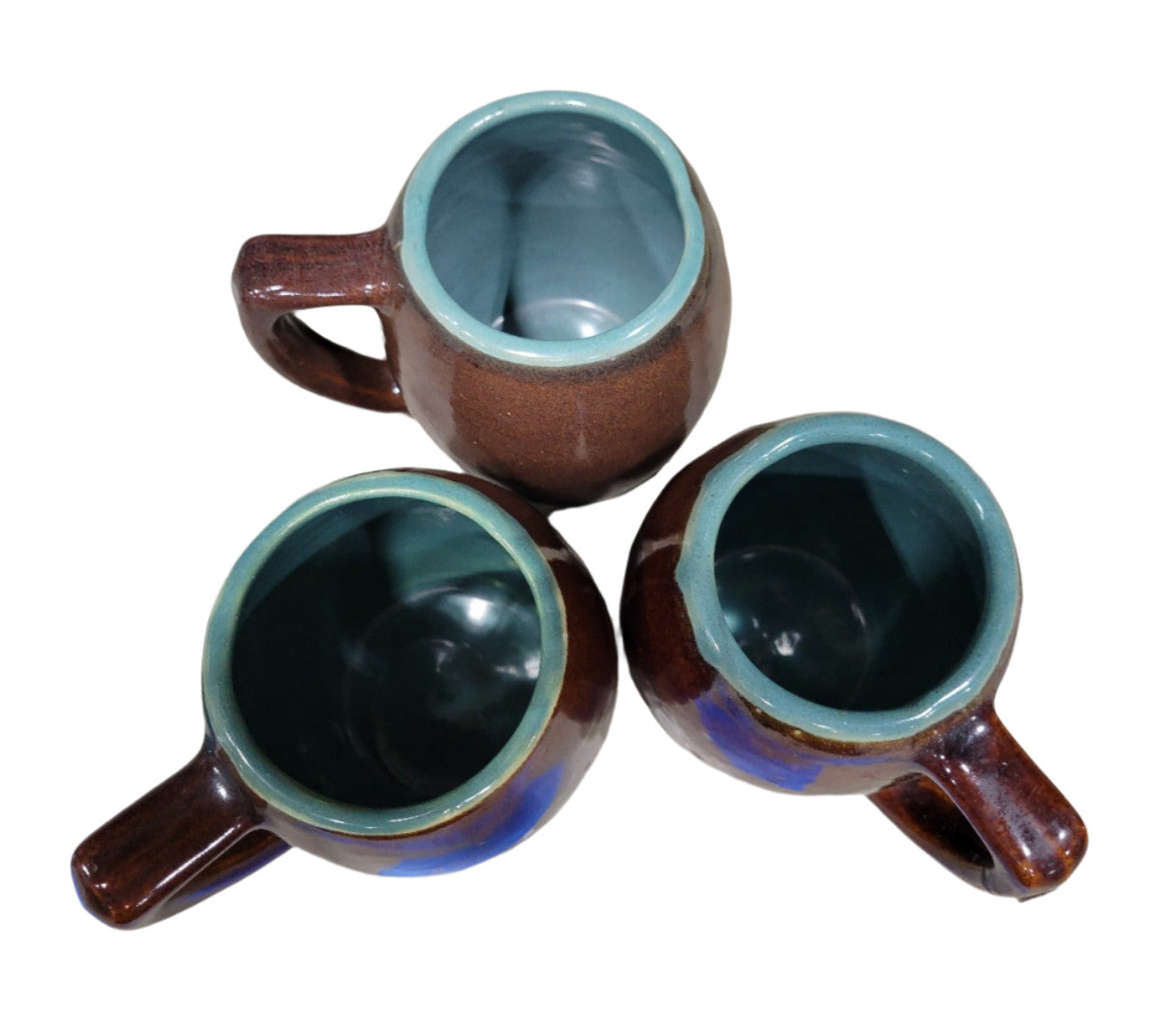 Set of 3 Handcrafted Ceramic Mugs – Brown Glaze with Teal Interior