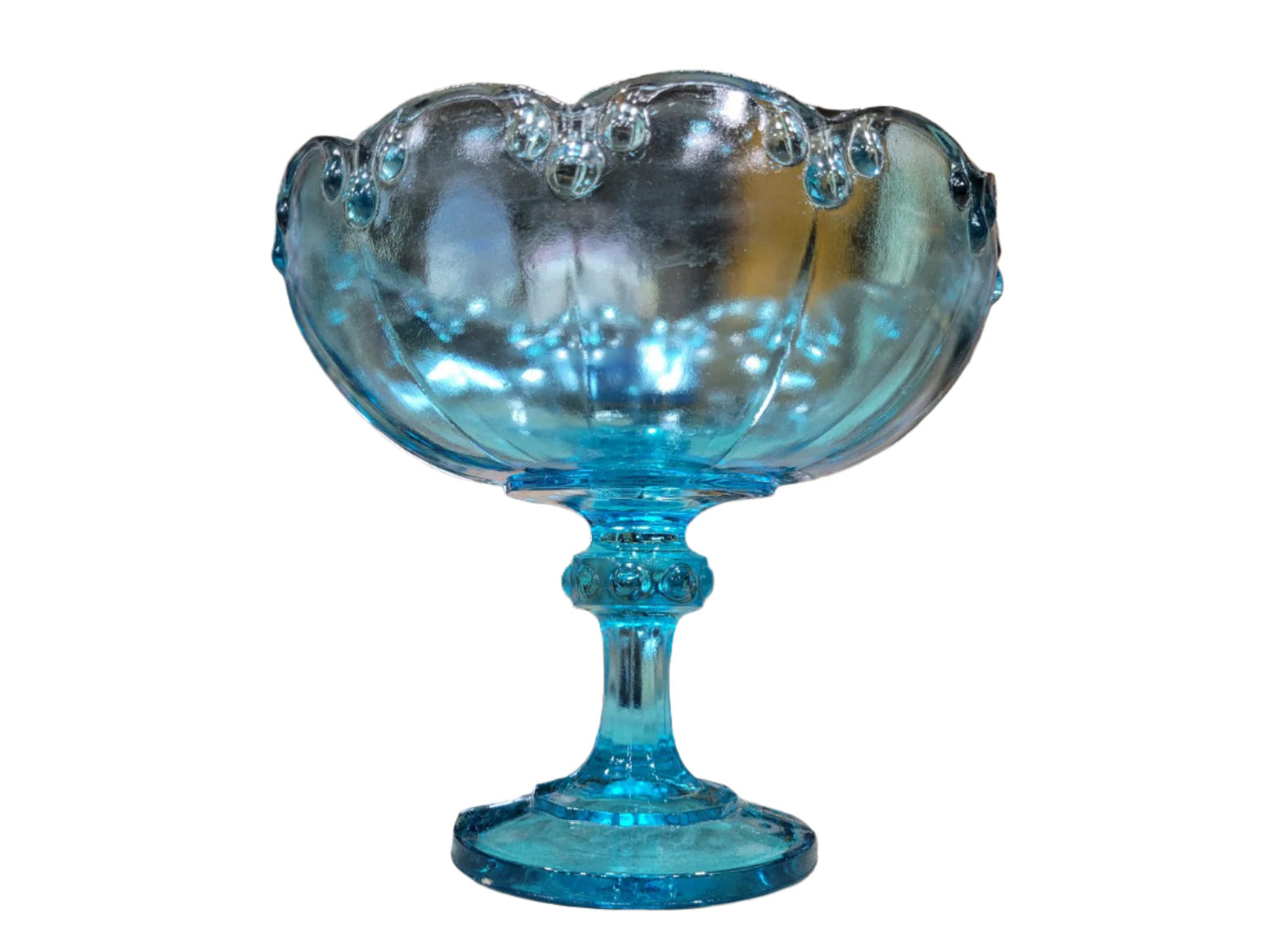 Aqua Blue Pressed Glass Pedestal Compote Bowl – Scalloped Edge