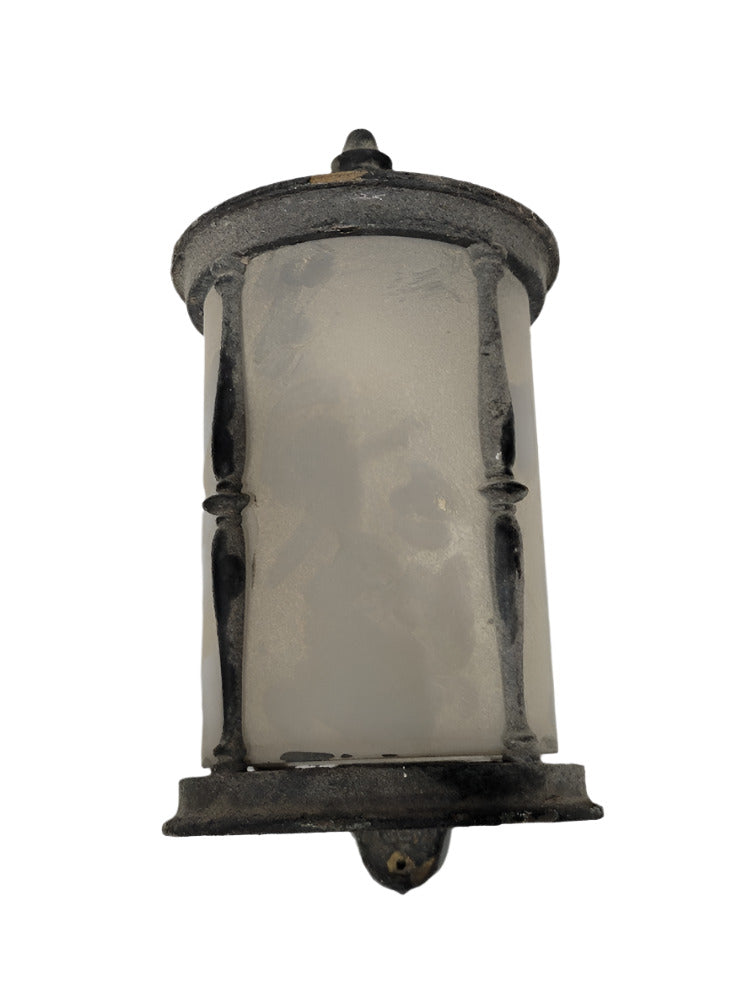 Pair of Vintage Art Deco Cast Iron Wall Sconces with Frosted Glass Cylinders