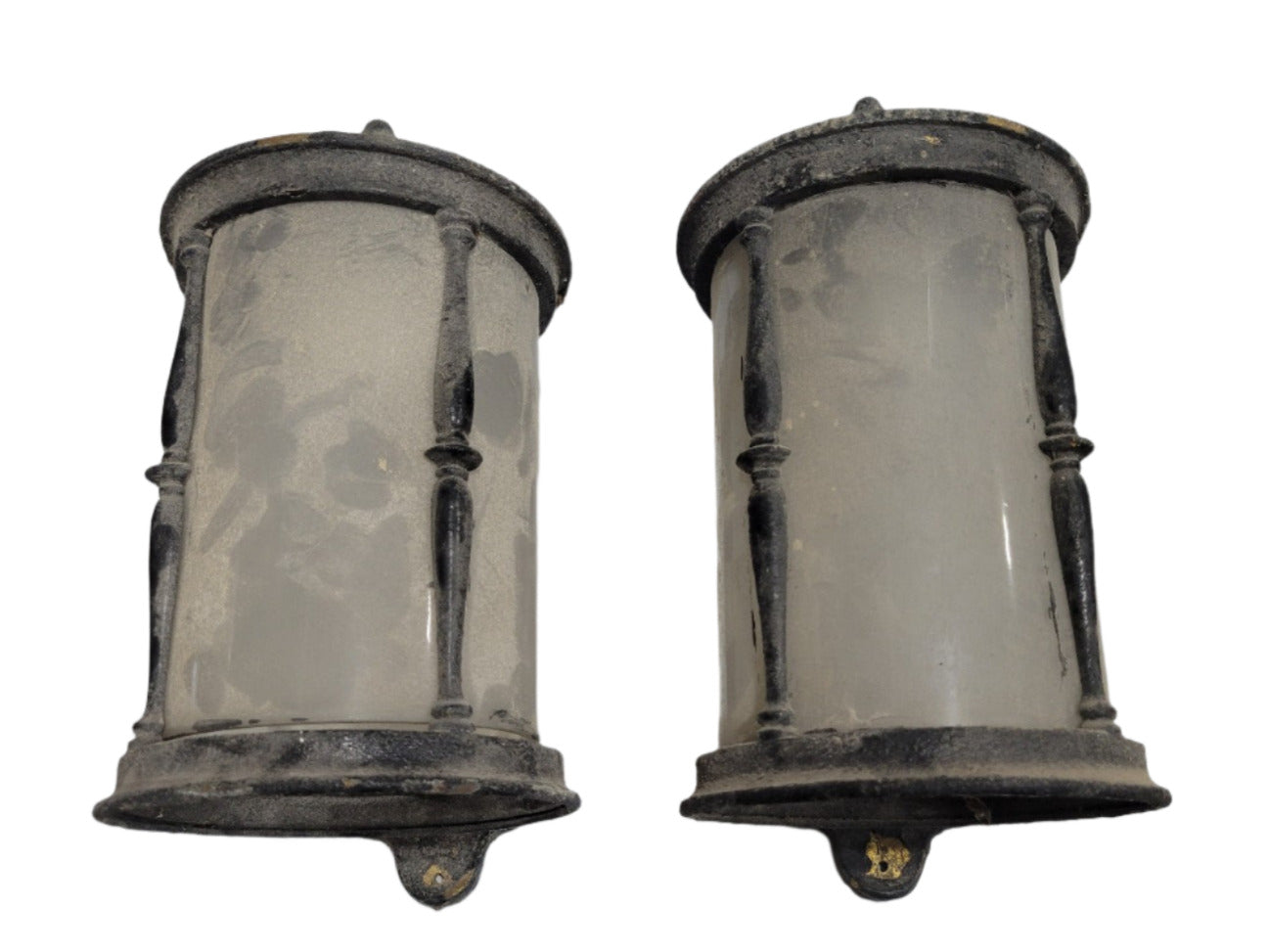 Pair of Vintage Art Deco Cast Iron Wall Sconces with Frosted Glass Cylinders
