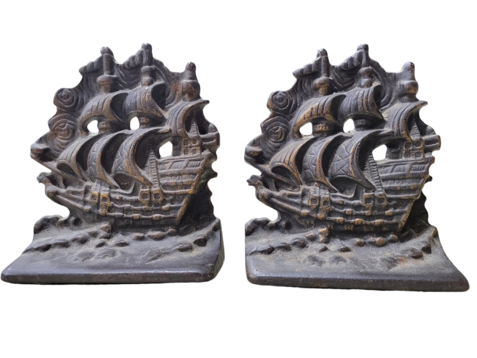 Pair of Cast Iron Ship Bookends – Nautical Galleon Design