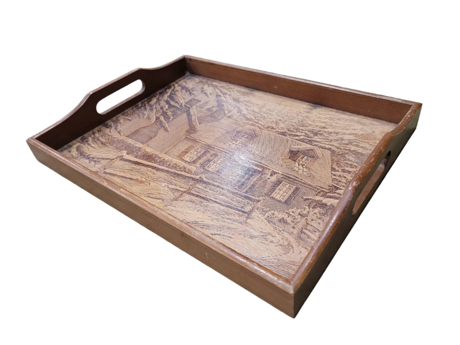 Vintage Wood Serving Tray with Cottage Engraving – 15 Wide