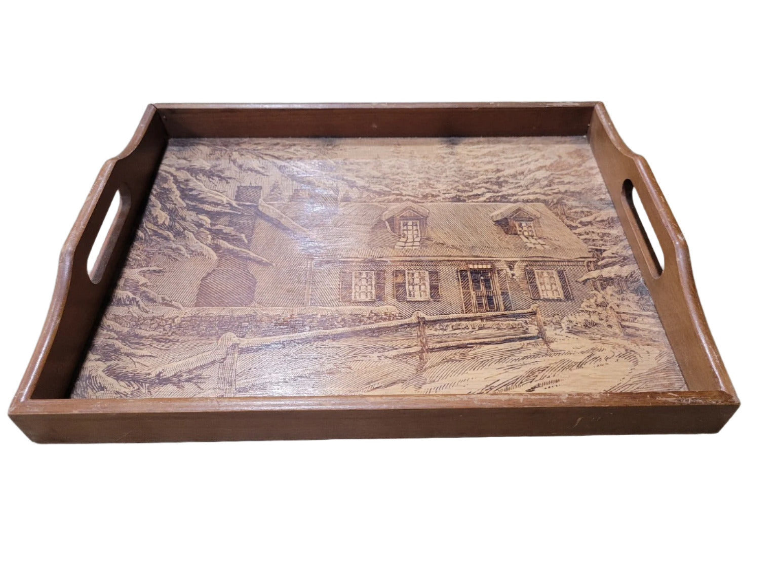 Vintage Wood Serving Tray with Cottage Engraving – 15 Wide