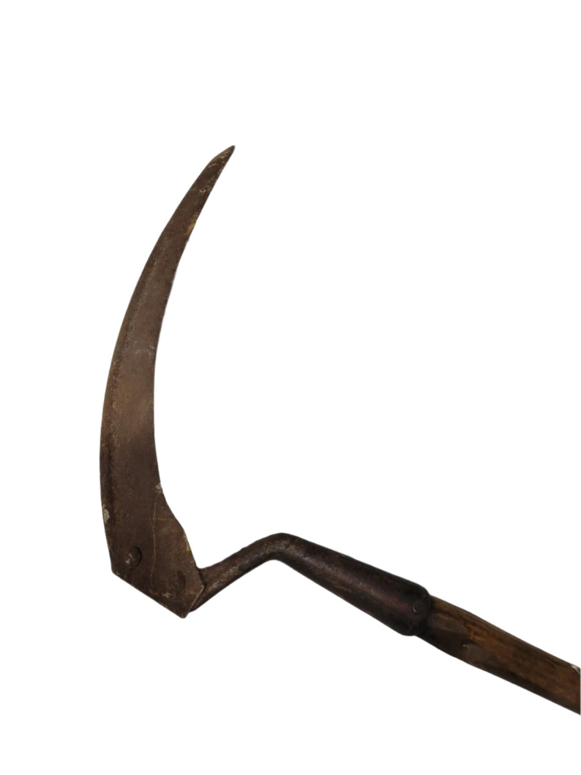 Vintage Agricultural Scythe with Curved Blade and Weathered Wooden Handle