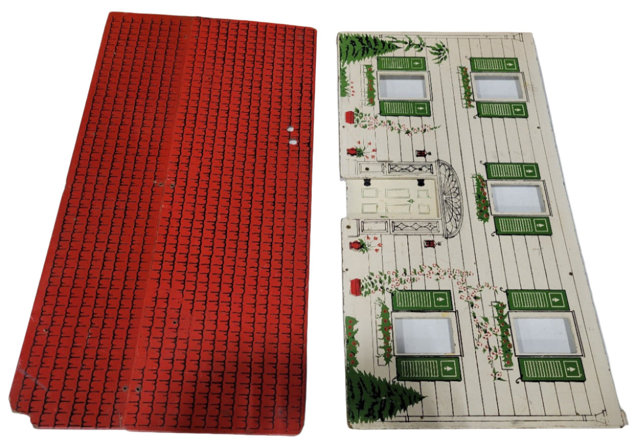 Vintage Dollhouse Facade & Hinged Roof Panel – Painted Wood and Pressboard Set