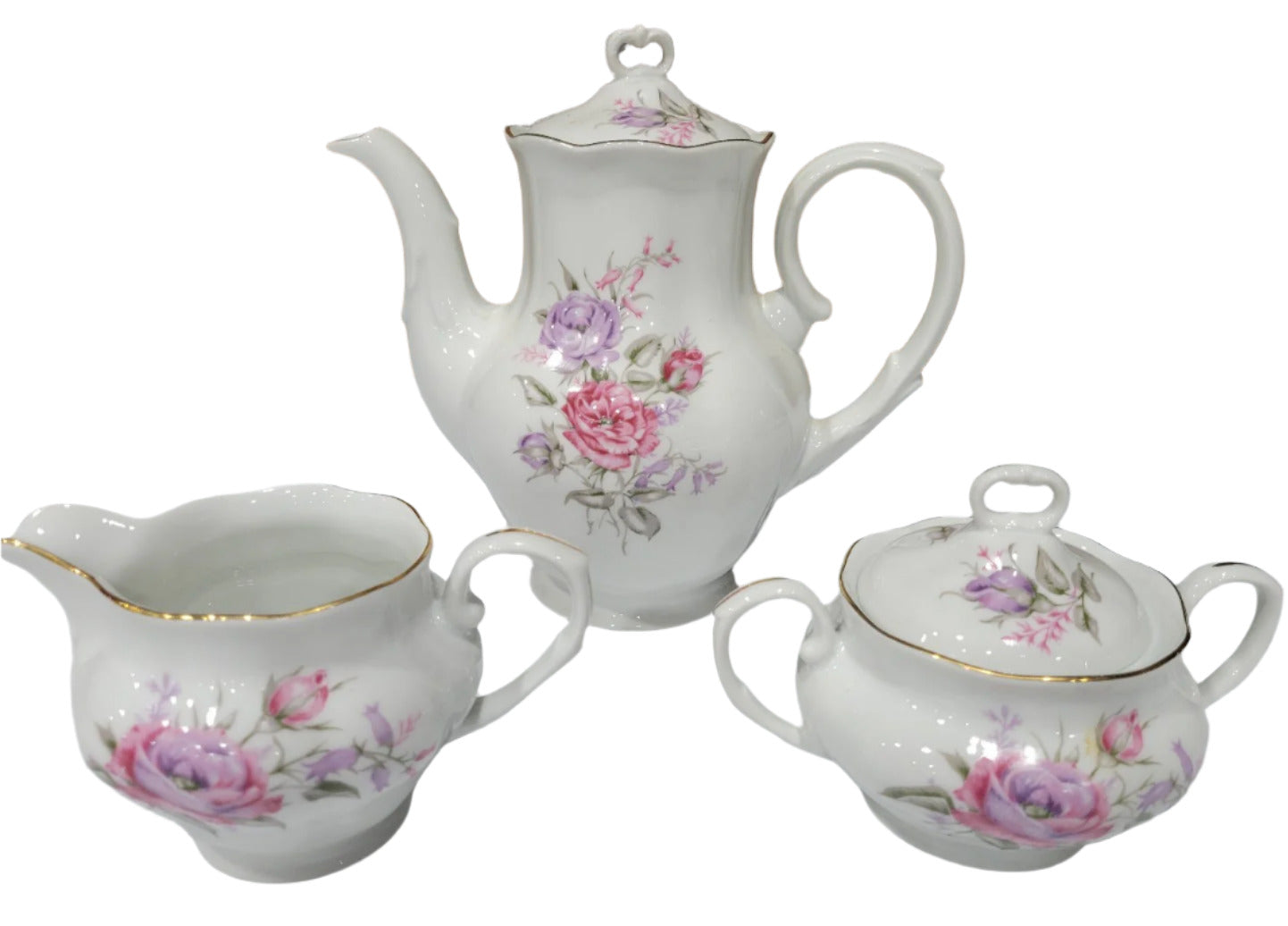 Vintage Karolina Porcelain Tea Set – Pink & Lavender Rose Pattern (Made in Poland)