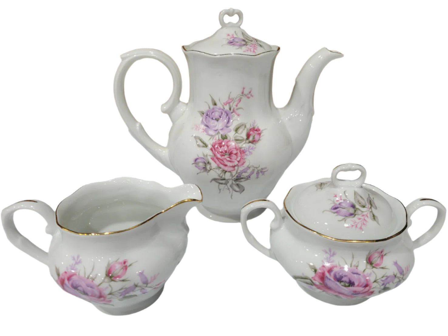 Vintage Karolina Porcelain Tea Set – Pink & Lavender Rose Pattern (Made in Poland)