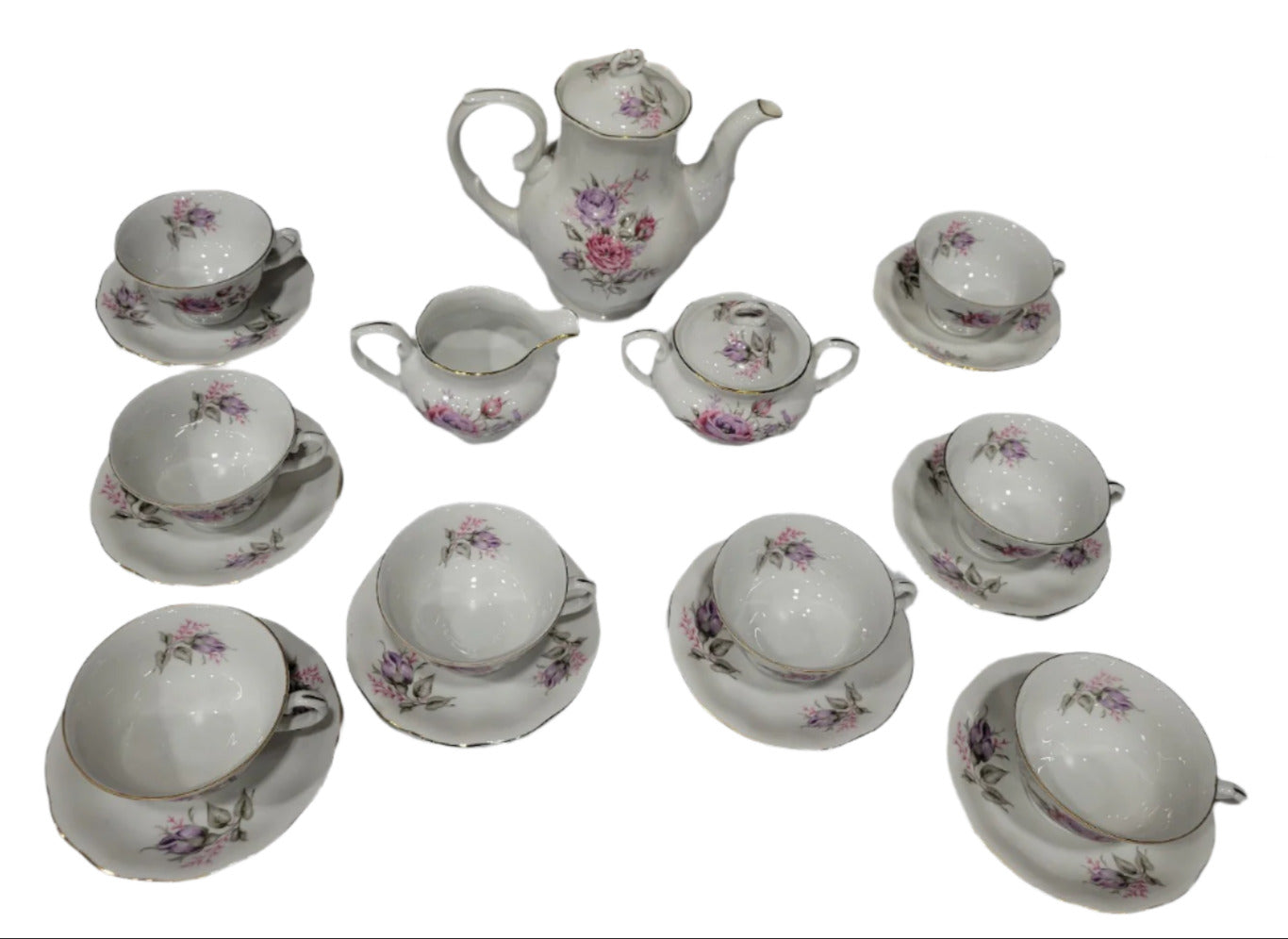 Vintage Karolina Porcelain Tea Set – Pink & Lavender Rose Pattern (Made in Poland)
