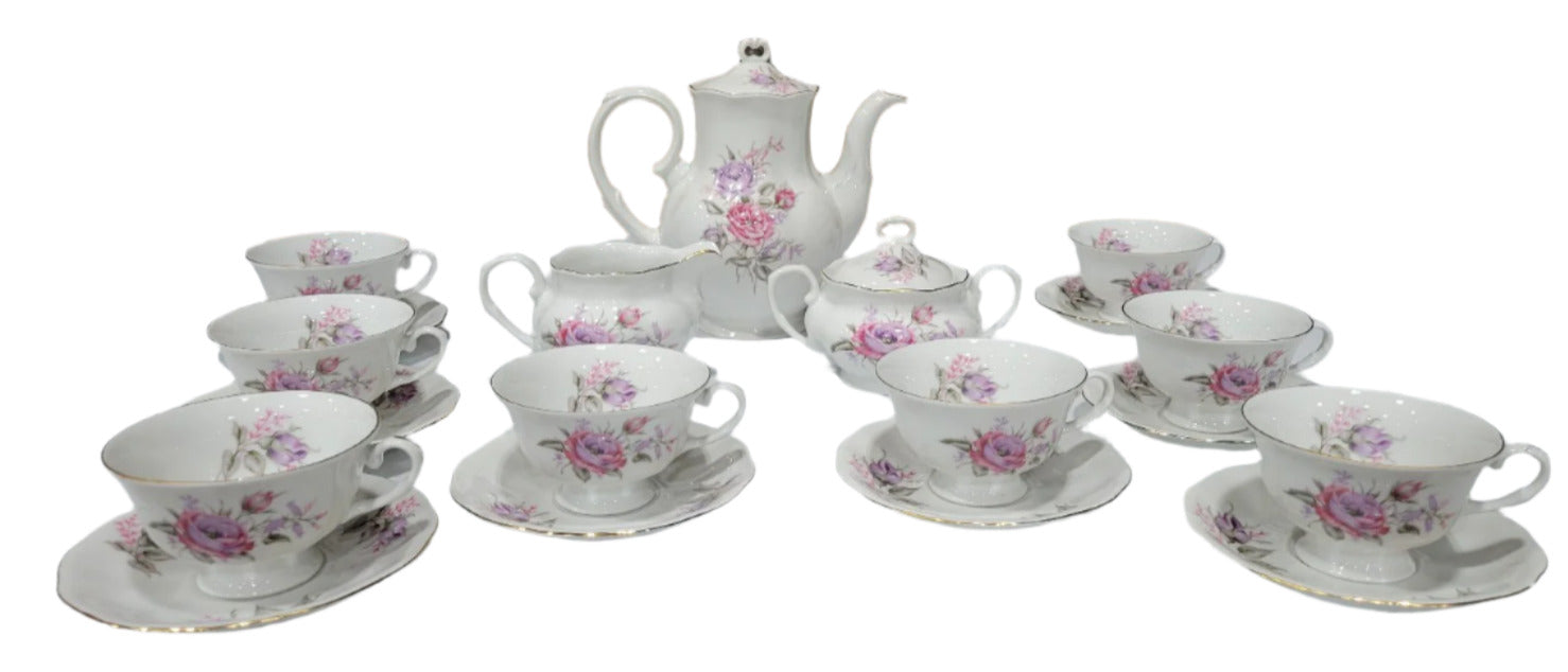 Vintage Karolina Porcelain Tea Set – Pink & Lavender Rose Pattern (Made in Poland)