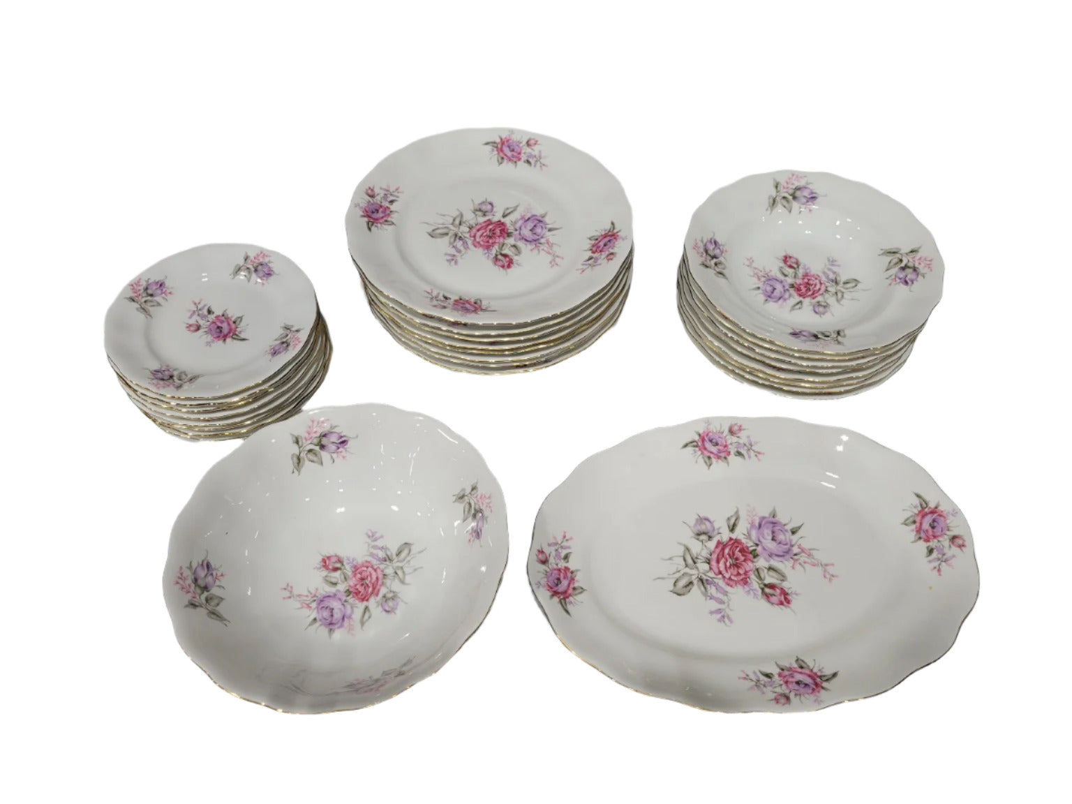 Karolina Porcelain Dinnerware Set – 25 Pieces, Pink & Lavender Rose Pattern (Made in Poland)