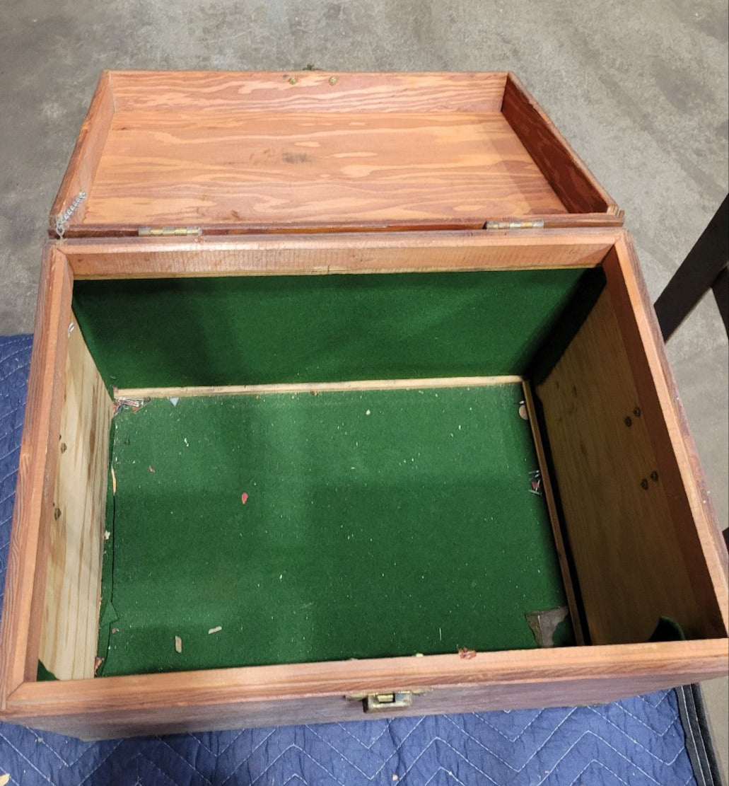 Vintage Wood Storage Chest with Brass Hardware and Green Felt Interior
