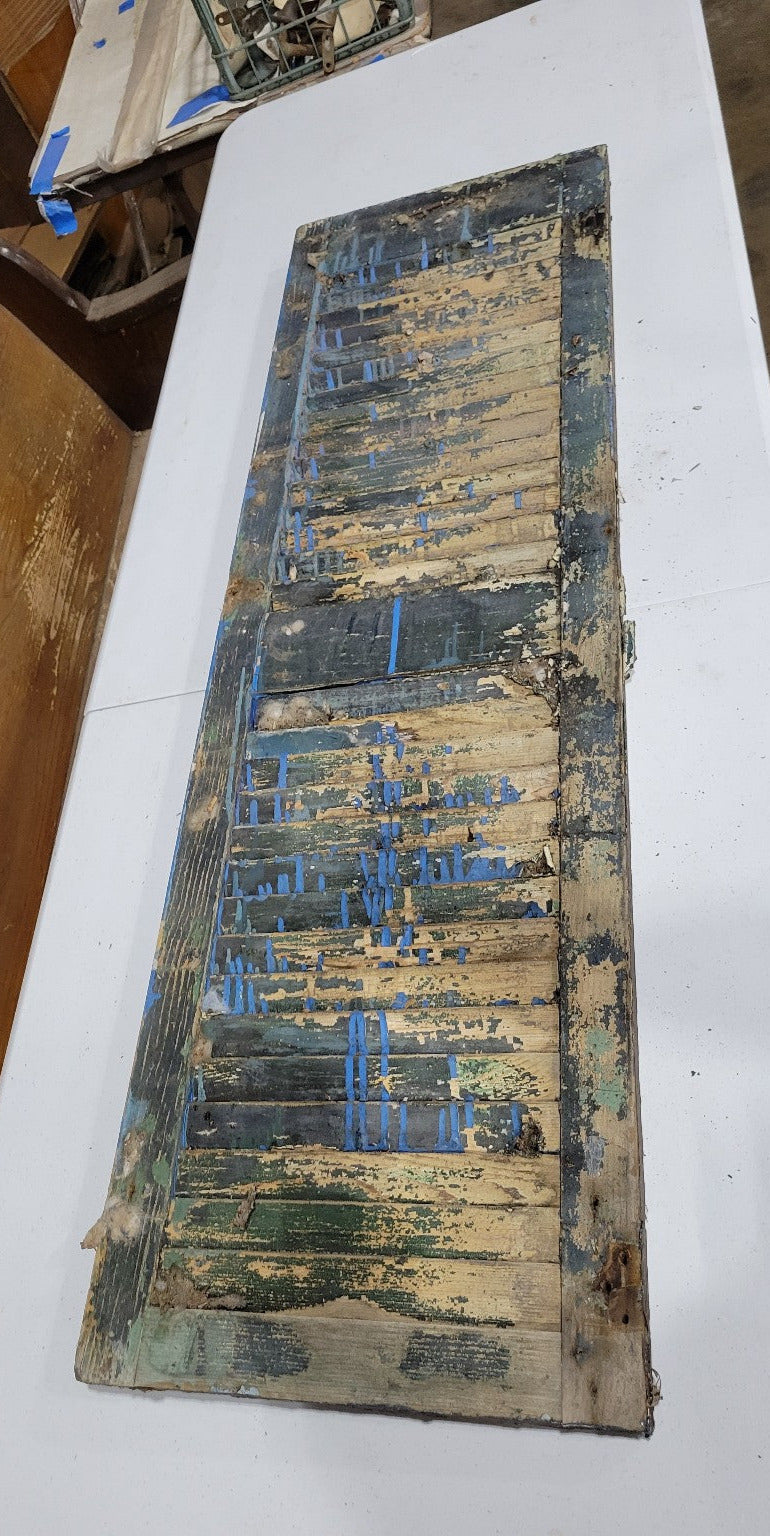 Antique Wood Louvered Shutter – Multi-Layer Patina with Split Louvers 54 ½" T x 16 ½" W x 1 ¼" D