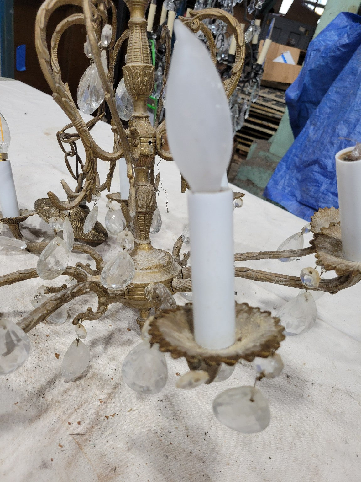 Vintage Brass and Crystal 8-Light Chandelier – Ornate Floral Bobeches