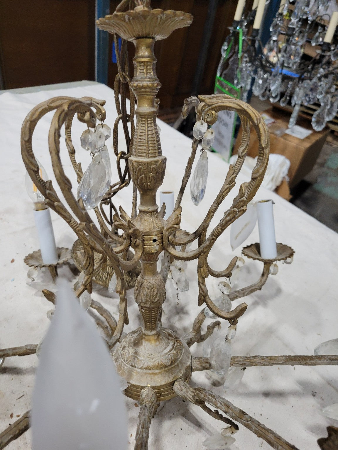 Vintage Brass and Crystal 8-Light Chandelier – Ornate Floral Bobeches