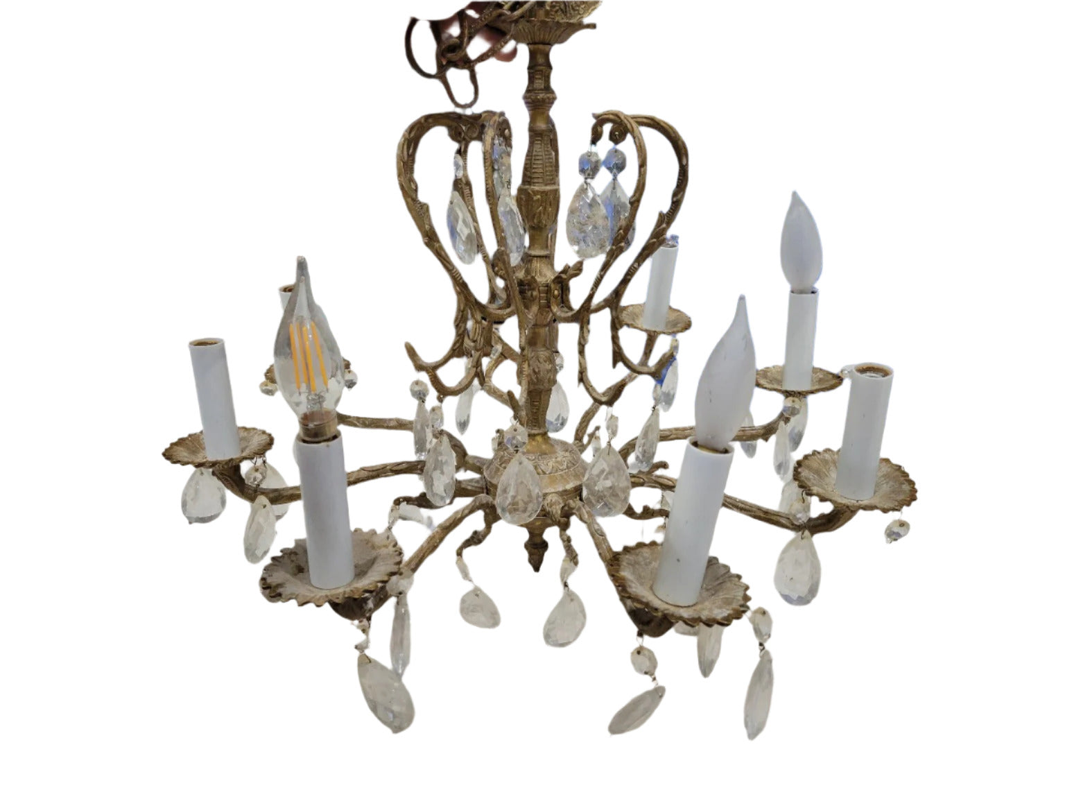 Vintage Brass and Crystal 8-Light Chandelier – Ornate Floral Bobeches