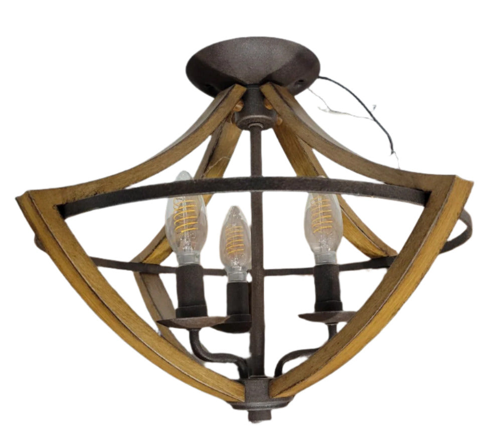 Rustic Industrial 3-Light Wood & Metal Semi-Flush Mount Ceiling Fixture – 16¼" Diameter