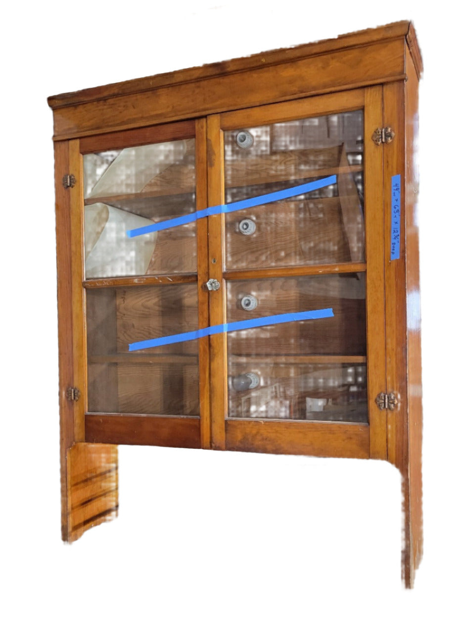 Antique Oak Glass-Front Wall Cabinet – Leaded Hinges & Glass Knobs