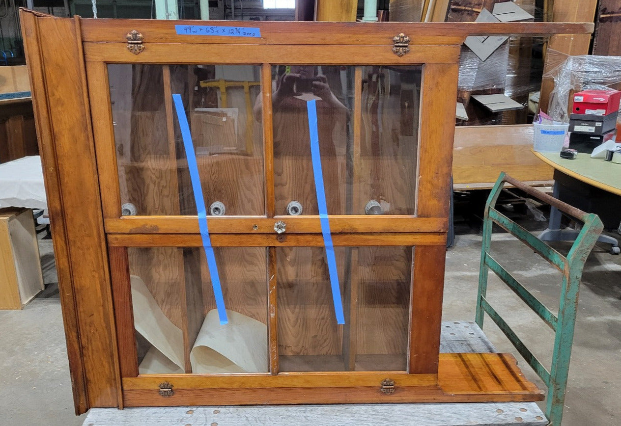 Antique Oak Glass-Front Wall Cabinet – Leaded Hinges & Glass Knobs