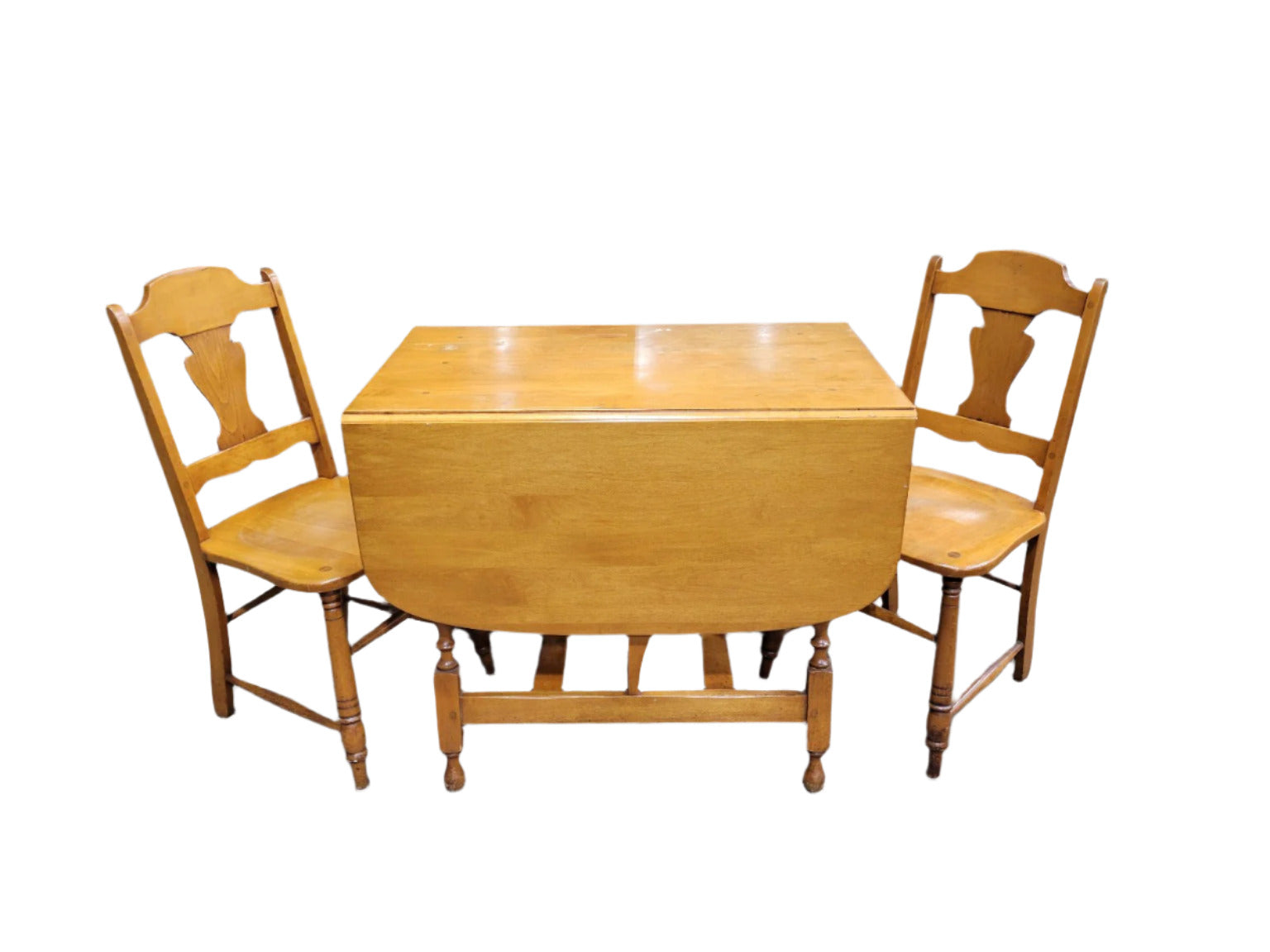 Vintage Drop-Leaf Dining Table with Two Spindle-Back Chairs – Maple Finish