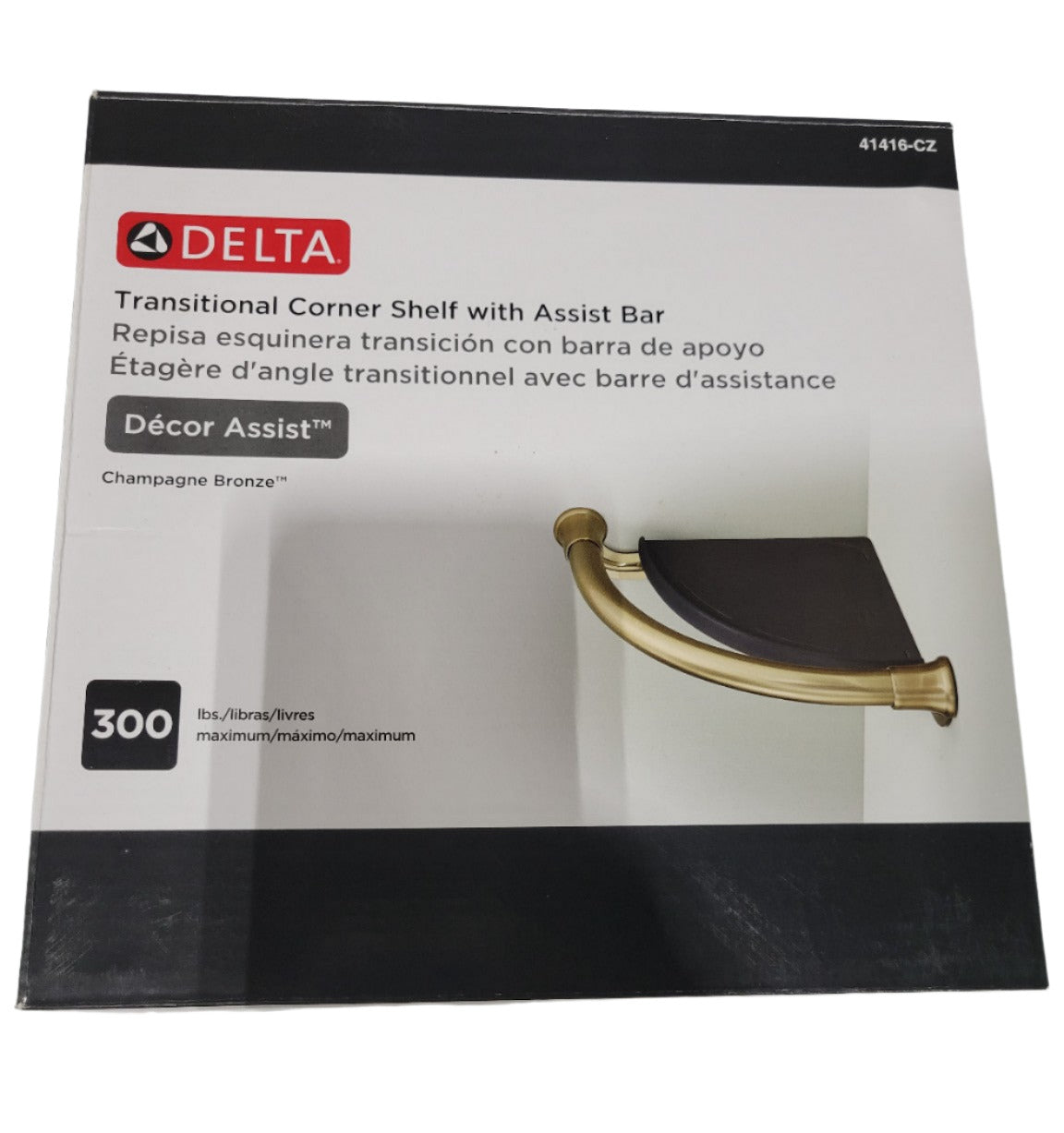 Delta Transitional Corner Shelf with Assist Bar – Champagne Bronze
