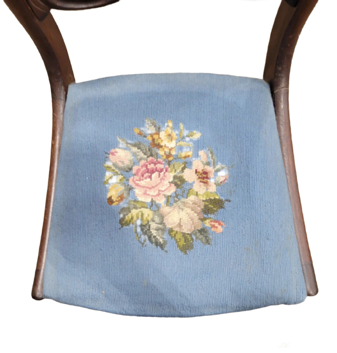 Victorian Needlepoint Balloon-Back Chair – Rose Carving Detail