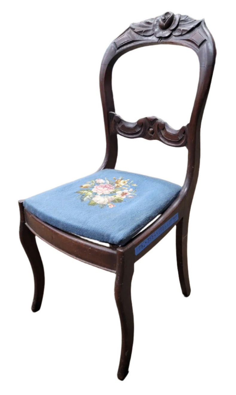 Victorian Needlepoint Balloon-Back Chair – Rose Carving Detail