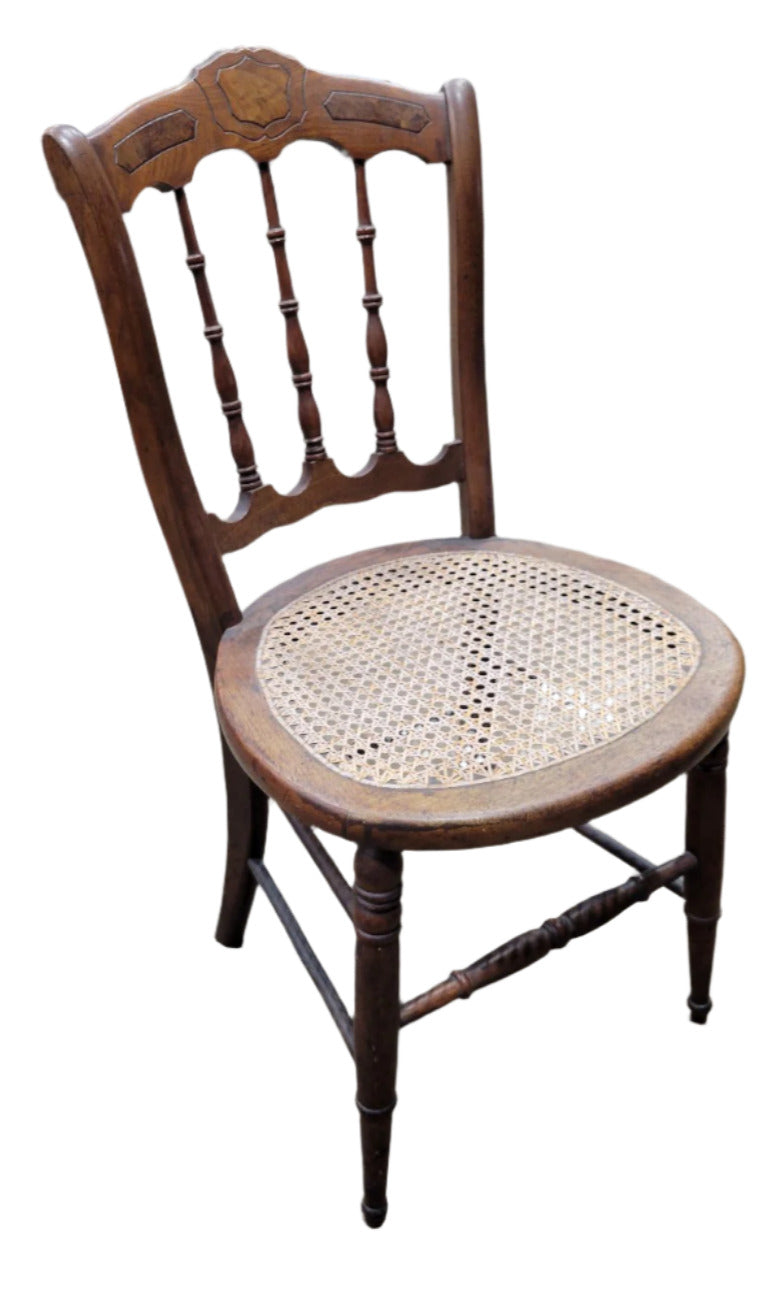 Antique Cane Seat Chairs – Pair with Turned Spindles and Inlay Detail