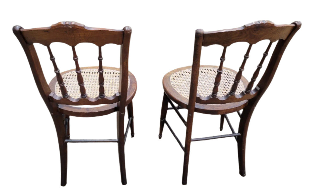 Antique Cane Seat Chairs – Pair with Turned Spindles and Inlay Detail