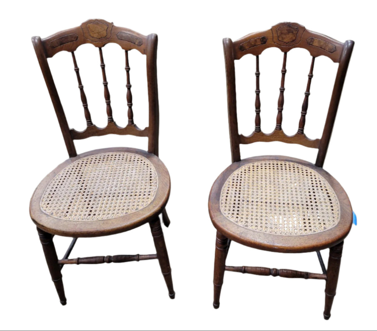 Antique Cane Seat Chairs – Pair with Turned Spindles and Inlay Detail