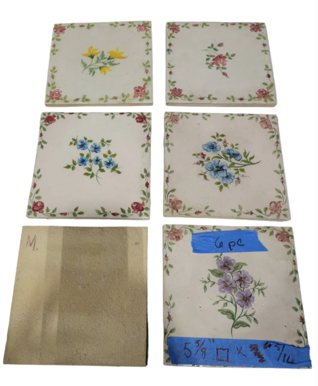 Vintage Floral Ceramic Tiles – Set of 6 with Rose Border & Mixed Blooms
