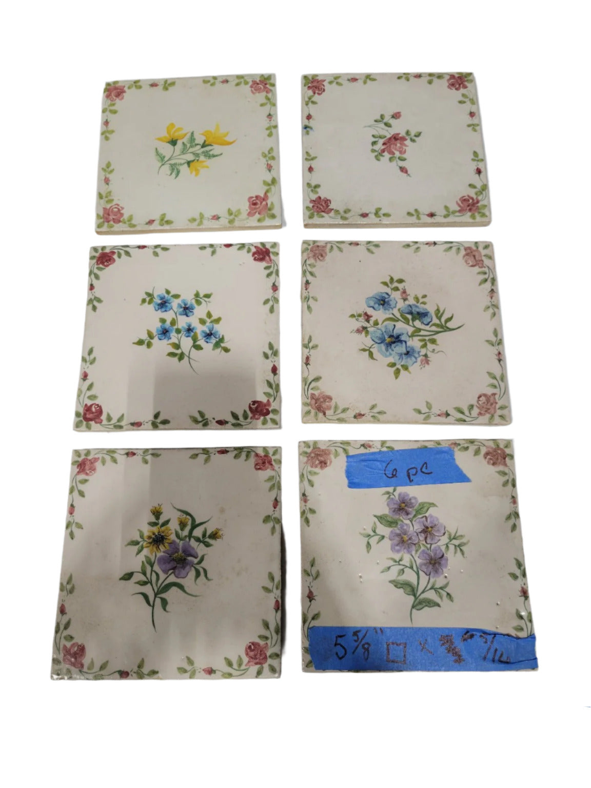 Vintage Floral Ceramic Tiles – Set of 6 with Rose Border & Mixed Blooms