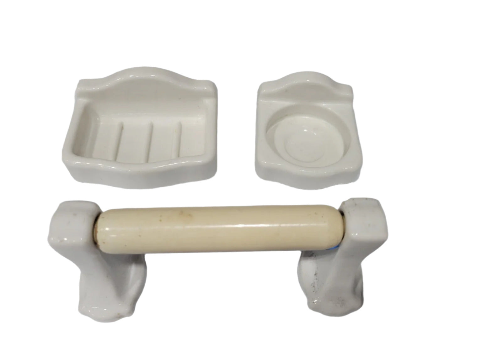 Vintage Ceramic Bathroom Fixture Set – Toilet Paper Holder, Soap Dish & Cup Holder
