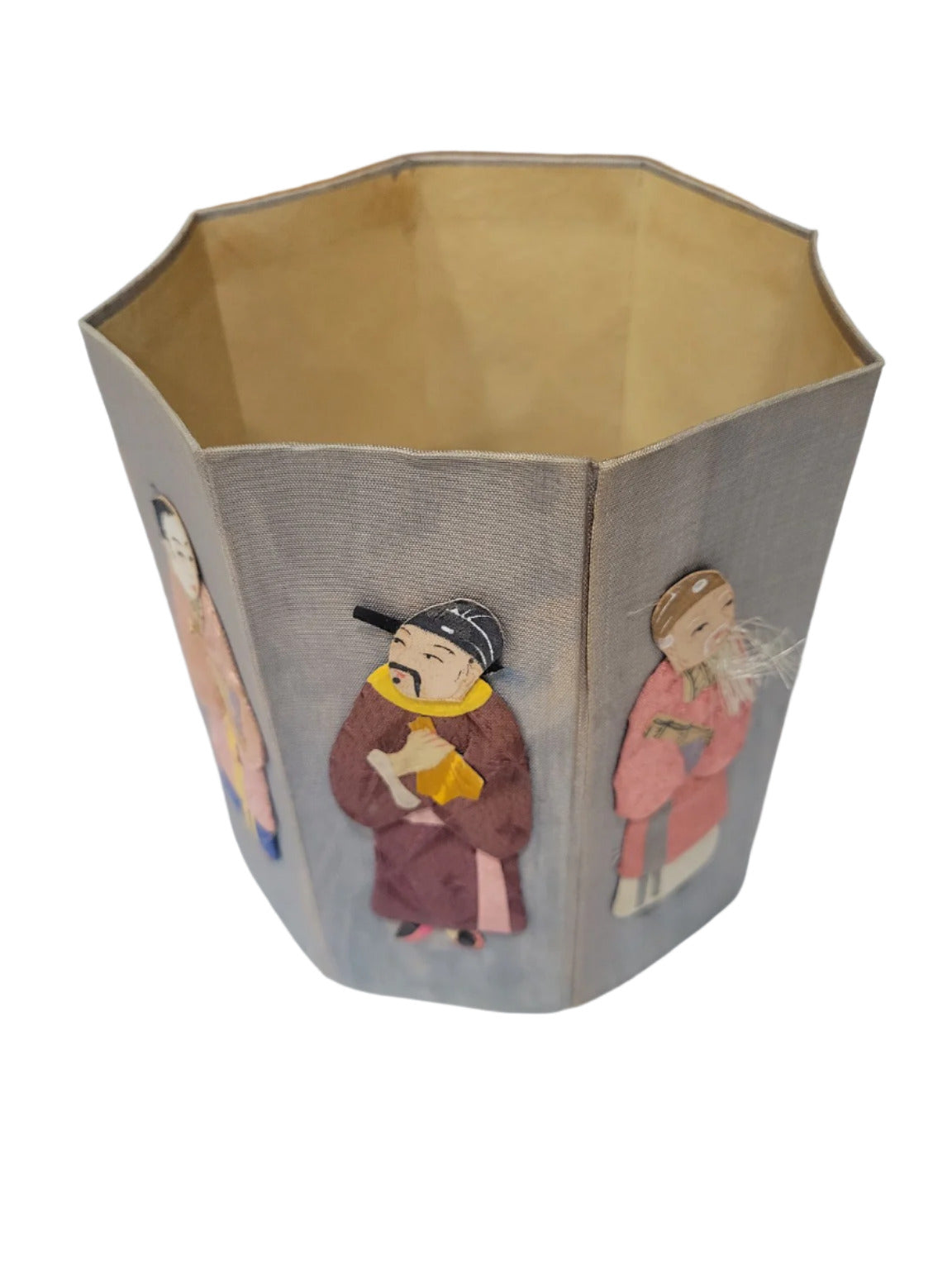 Vintage Asian Silk Octagonal Pencil Holder with Embroidered Figures – 6"