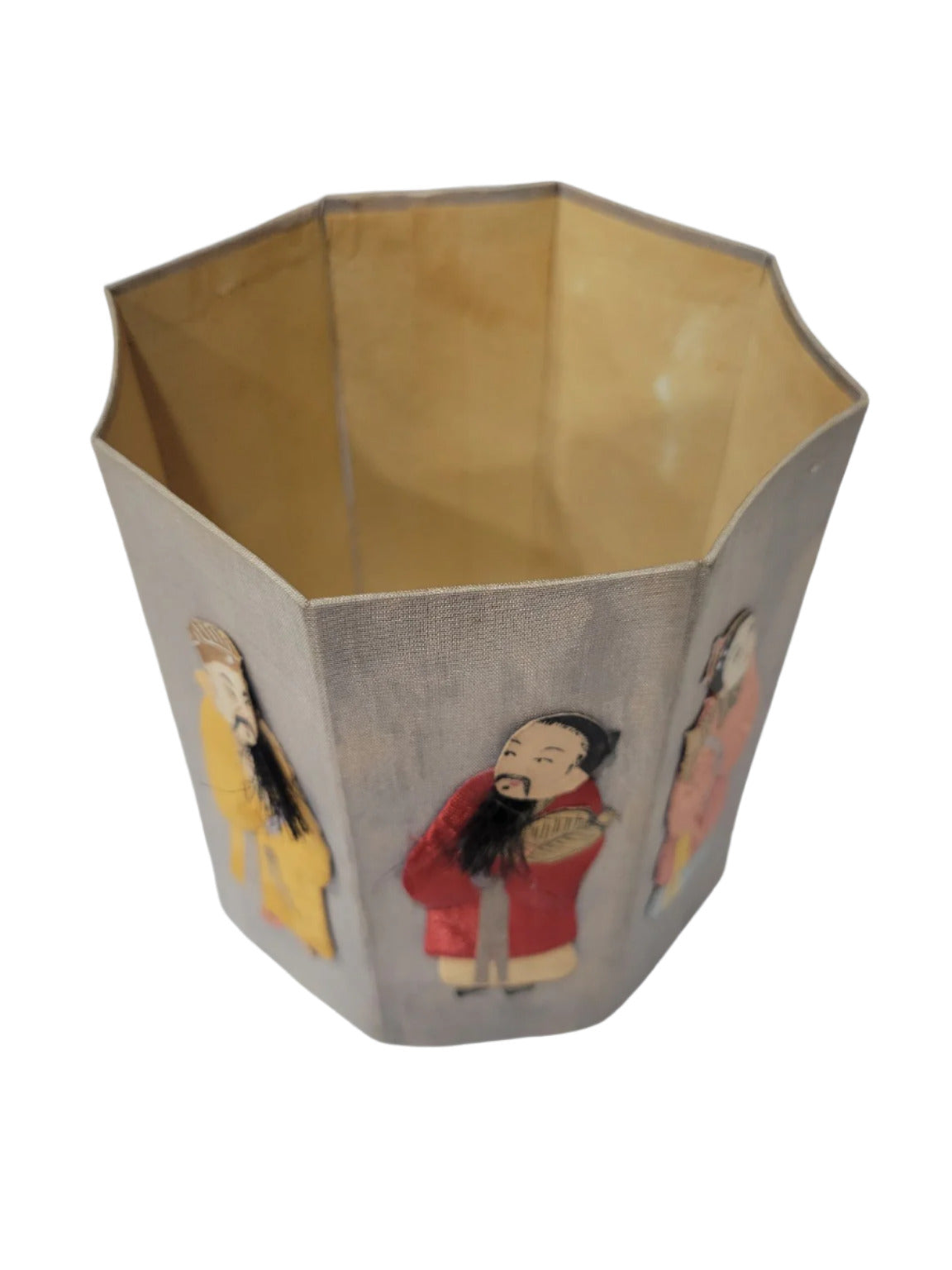 Vintage Asian Silk Octagonal Pencil Holder with Embroidered Figures – 6"