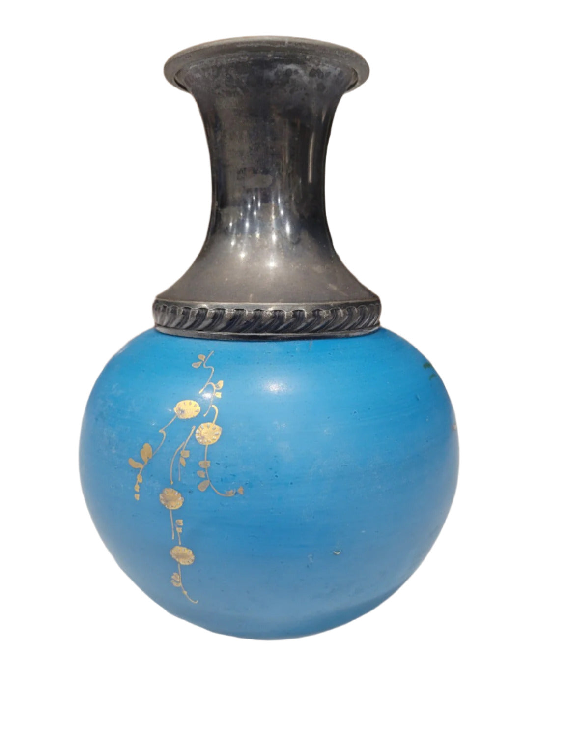 Victorian-Style Hand-Painted Glass Vase with Metal Collar – 6" Tall