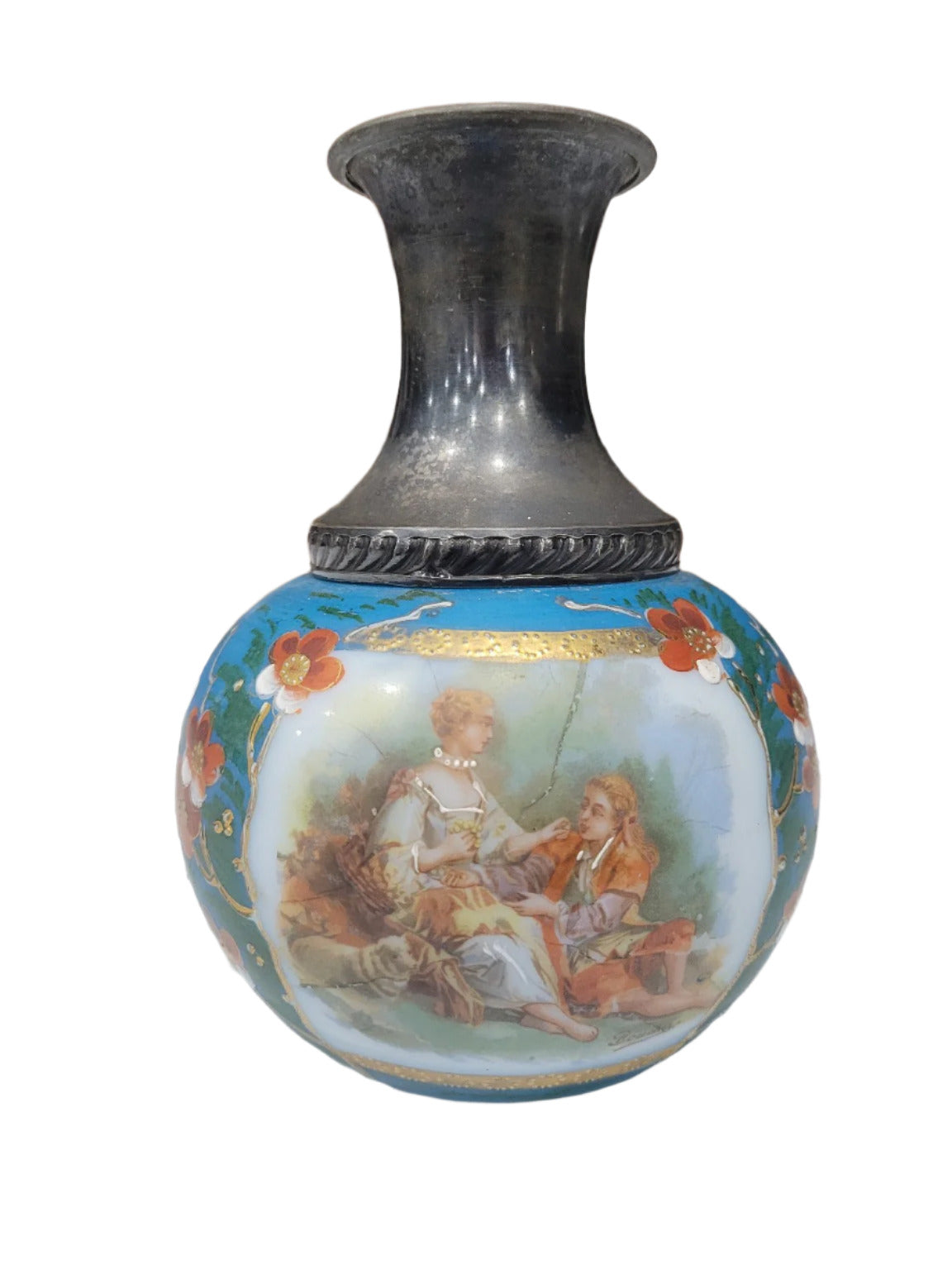 Victorian-Style Hand-Painted Glass Vase with Metal Collar – 6" Tall