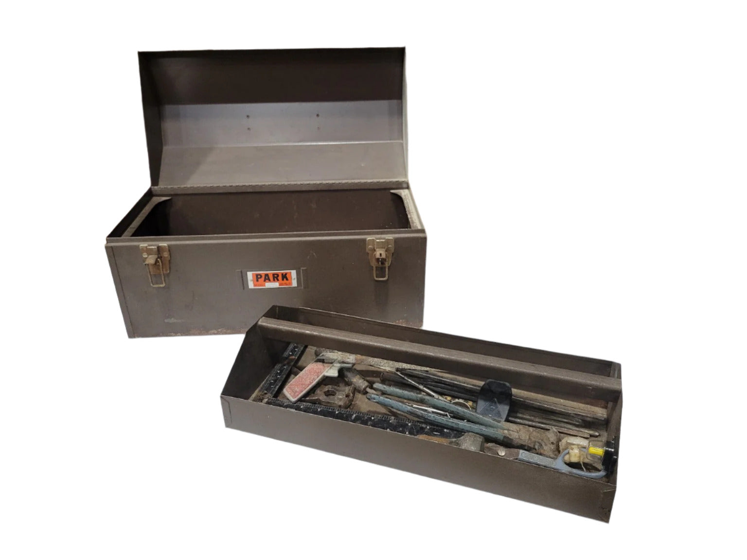 Mid-Century PARK Model 200H Steel Toolbox with Vintage Tools – 20 ¼" W