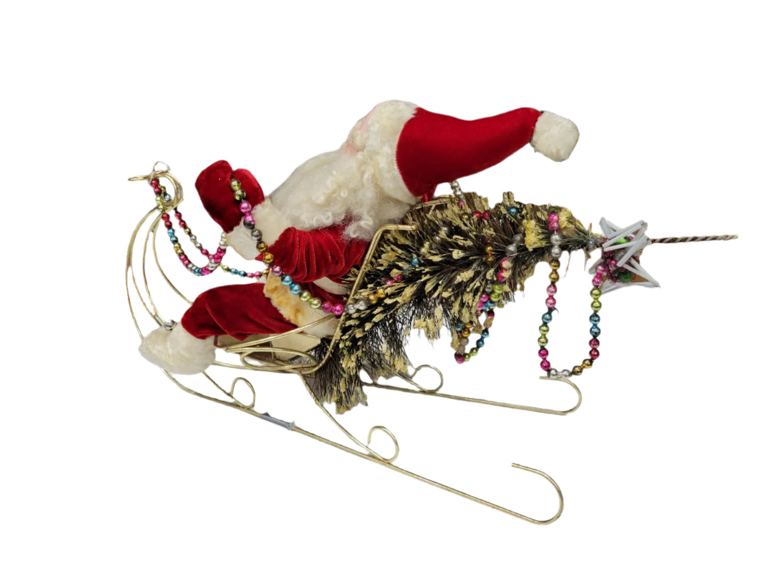 Vintage Santa in Gold Wire Sleigh with Beaded Garland & Tree – 25" L