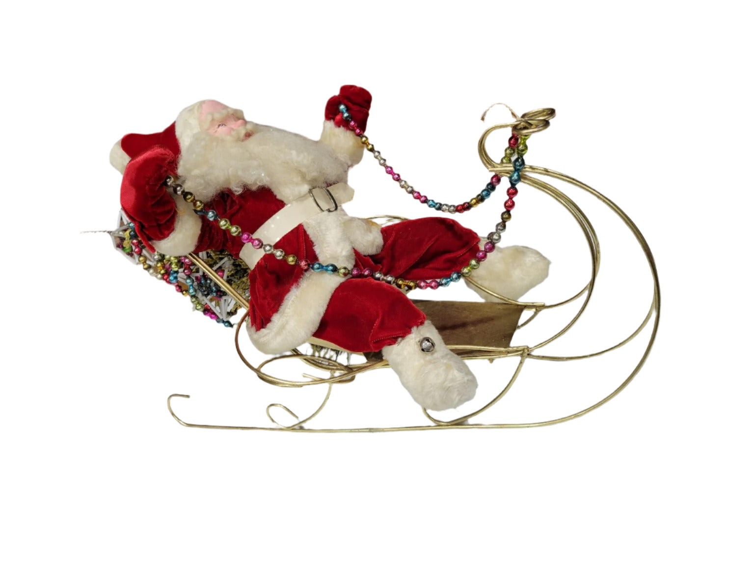 Vintage Santa in Gold Wire Sleigh with Beaded Garland & Tree – 25" L