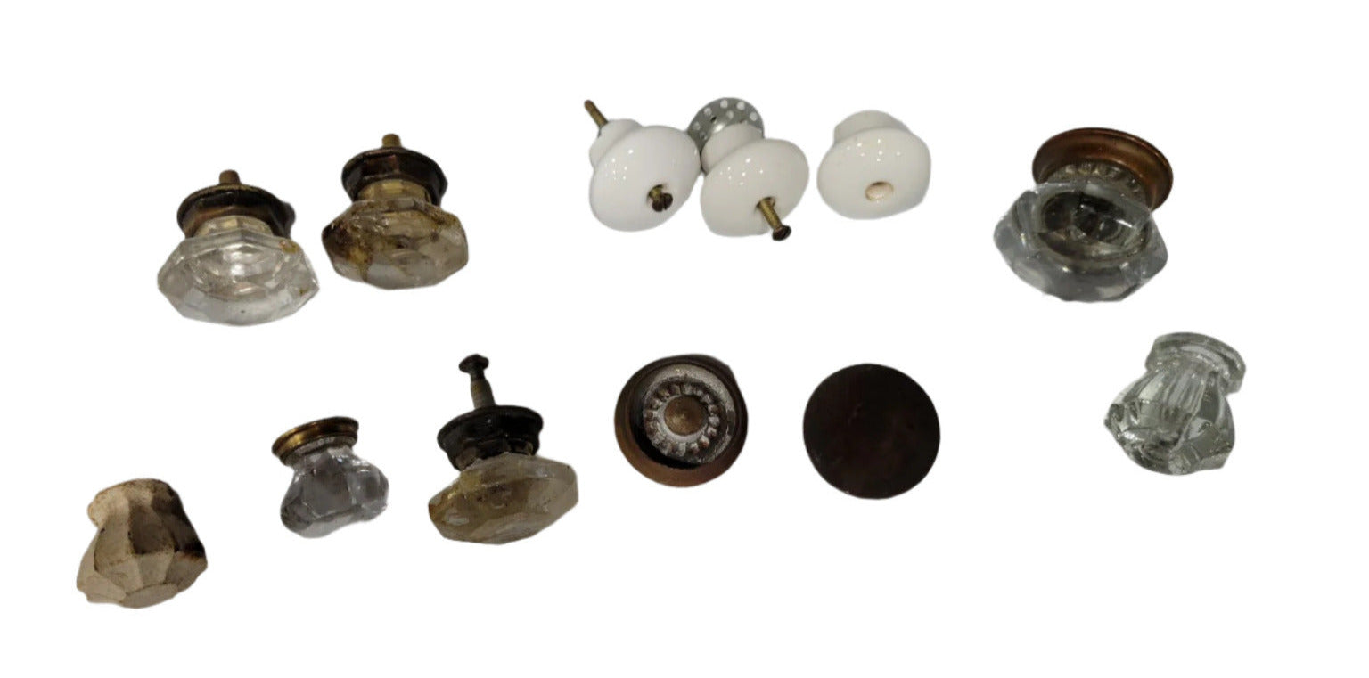 Mixed Lot of 12 Vintage Cabinet Knobs – Glass, Porcelain, Wood, Ceramic