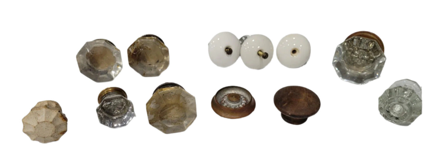 Mixed Lot of 12 Vintage Cabinet Knobs – Glass, Porcelain, Wood, Ceramic